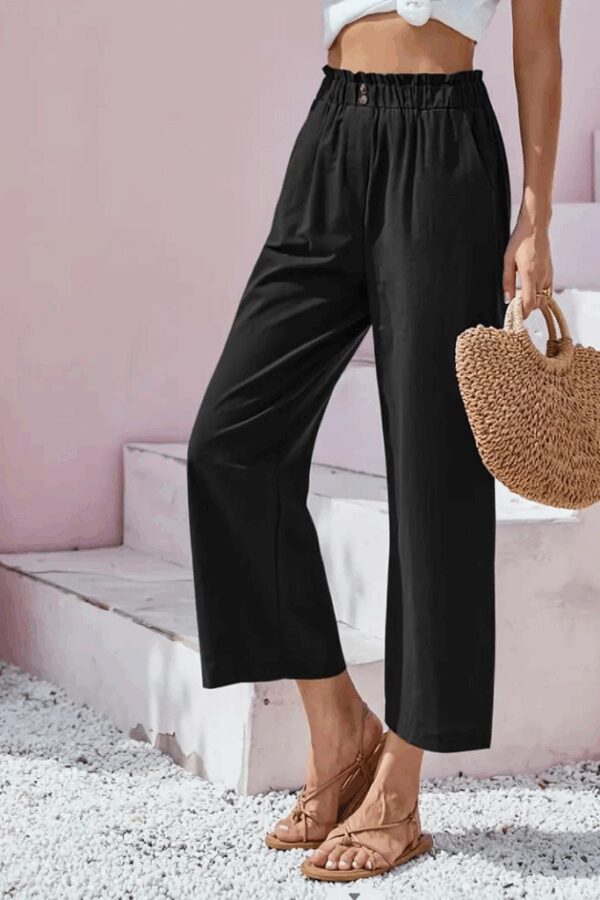 Kadın Bel Büzgü Ve Düğme Detay Kısa Geniş Paça Keten Pantolon