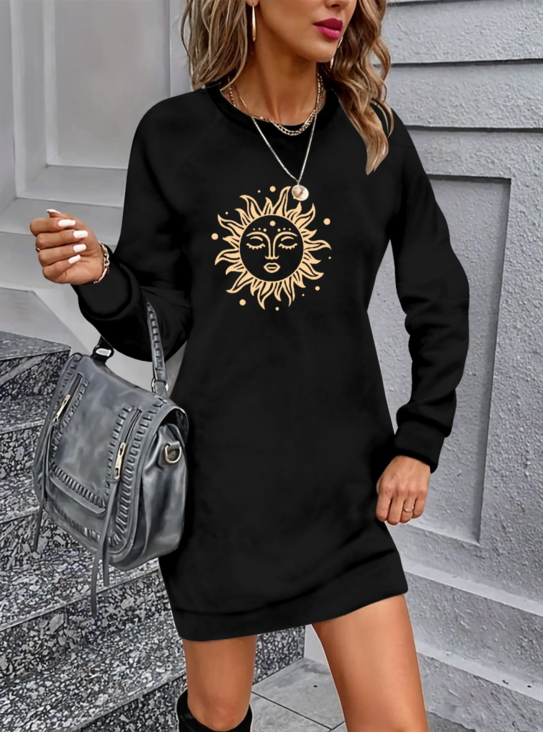 Kadın Uzun Kollu Bisiklet Yaka Güneş Desenli Viskon Iki Iplik Elbise - Görsel 6