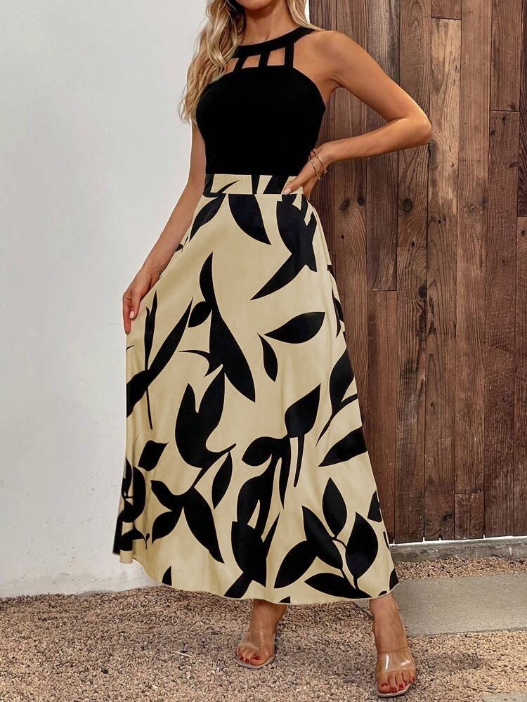 Kadın Sıfır Kollu Yakadan şeritli Omuzlardan Açık Janjan Krep Desenli Al Dalgıç Maxi Elbise - Görsel 2