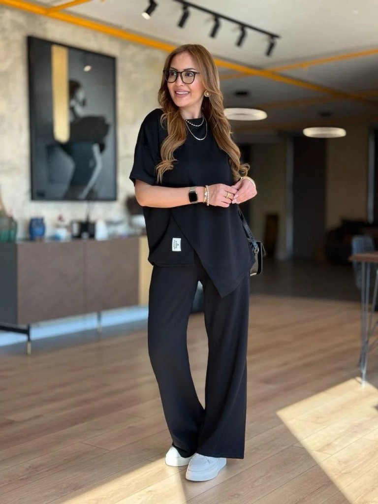 Kadın Kısa Kollu Bisiklet Yaka Asimetrik Viskon Iki Iplik Bluz Ve Pantolon Ikili Takım - Görsel 15