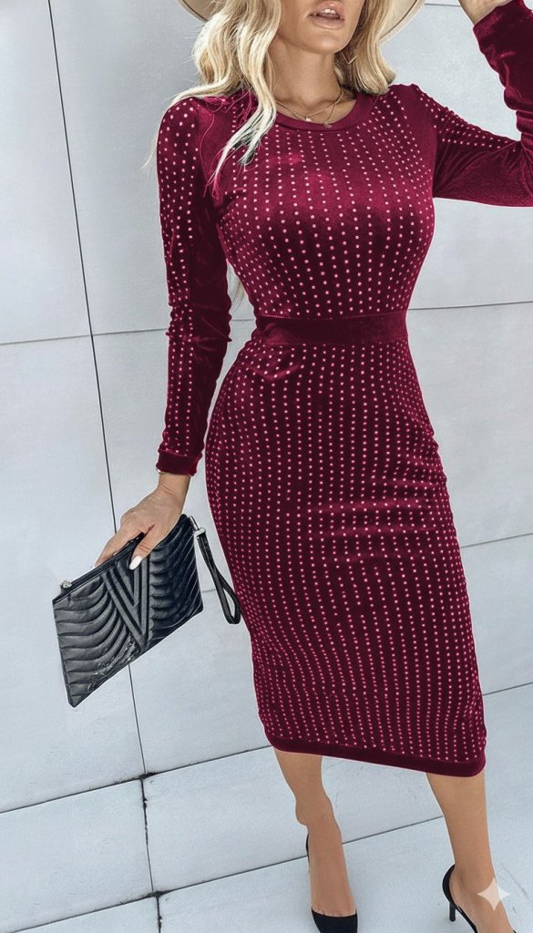 Kadın Uzun Kollu Bisiklet Yaka Taşlı Midi Kadife Elbise - Görsel 6