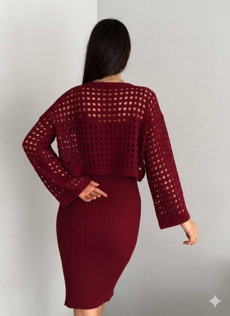 Kadın Uzun Kollu Delikli Kazak Askılı Elbise Triko Ikili Takım - Görsel 5