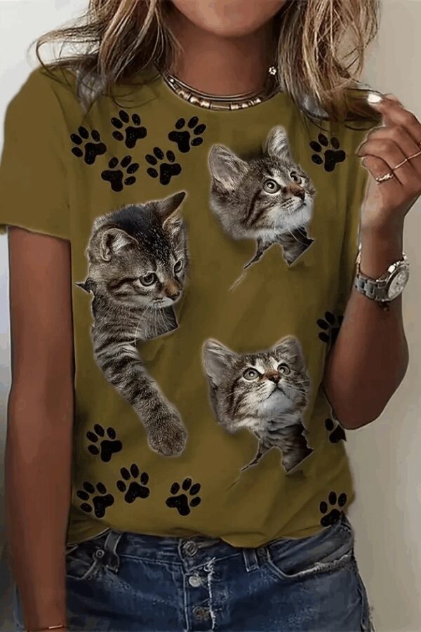 Kadın Kısa Kollu Kedi Ve Pati Baskılı Süprem T-shirt