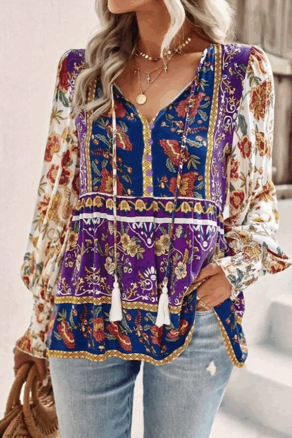 Kadın Uzun Kollu Yakası Açık Bağcıklı çiçek Desenli Salaş Bluz