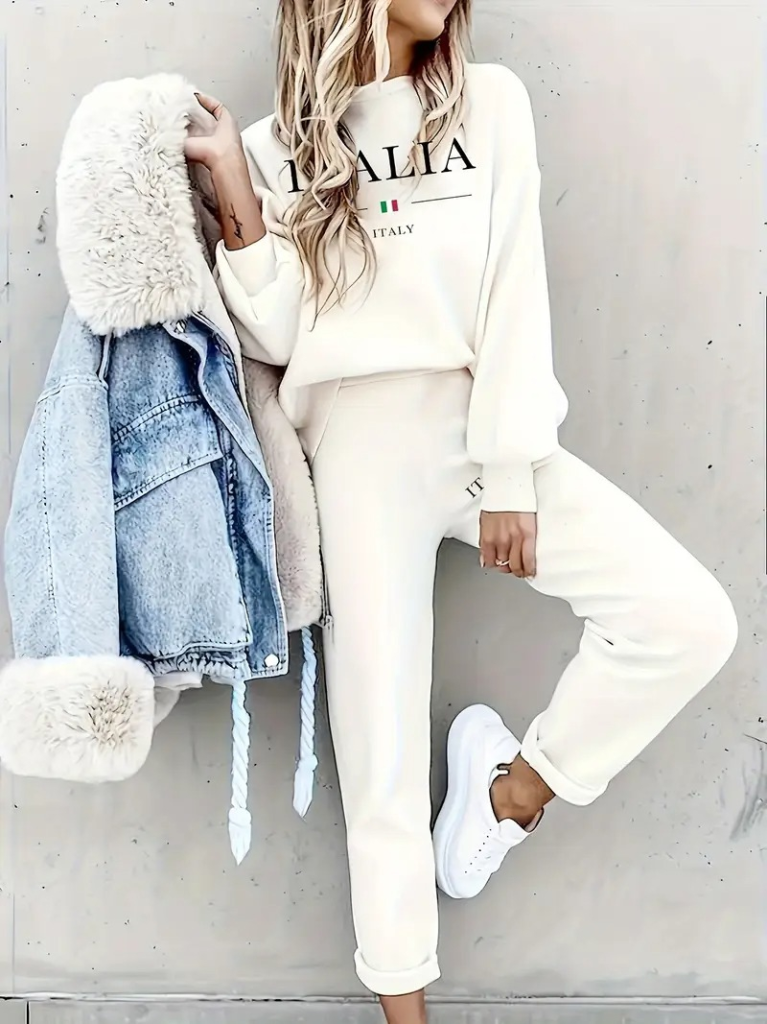 Kadın Uzun Kollu Bisiklet Yaka şardonlu üç Iplik Bluz Ve Pantolon Ikili Takım - Görsel 2