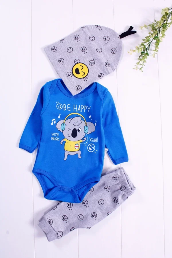Be Happy Desenli 3'lü Erkek Bebek Takımı