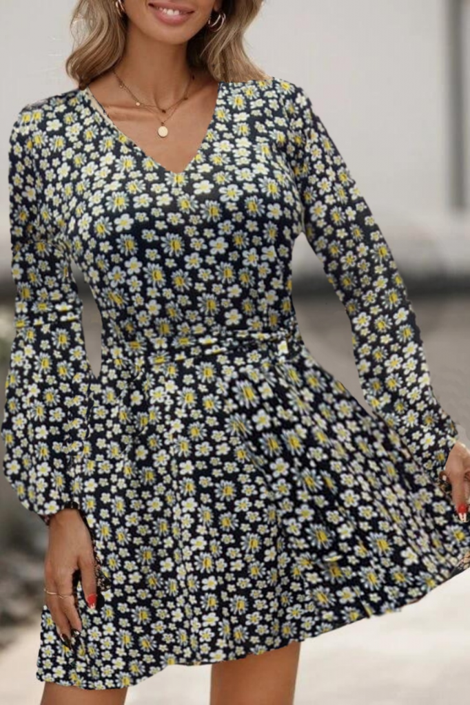 Kadın Uzun Kollu V Yaka çiçek Desenli Helen Kumaş Elbise - Görsel 6