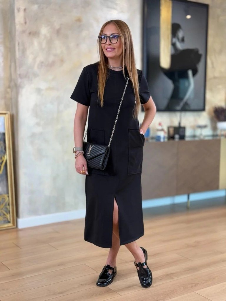 Kadın Kısa Kollu Bisiklet Yakalı Cepli önden Yırtmaçlı Viskon Iki Iplik Midi Elbise - Görsel 5