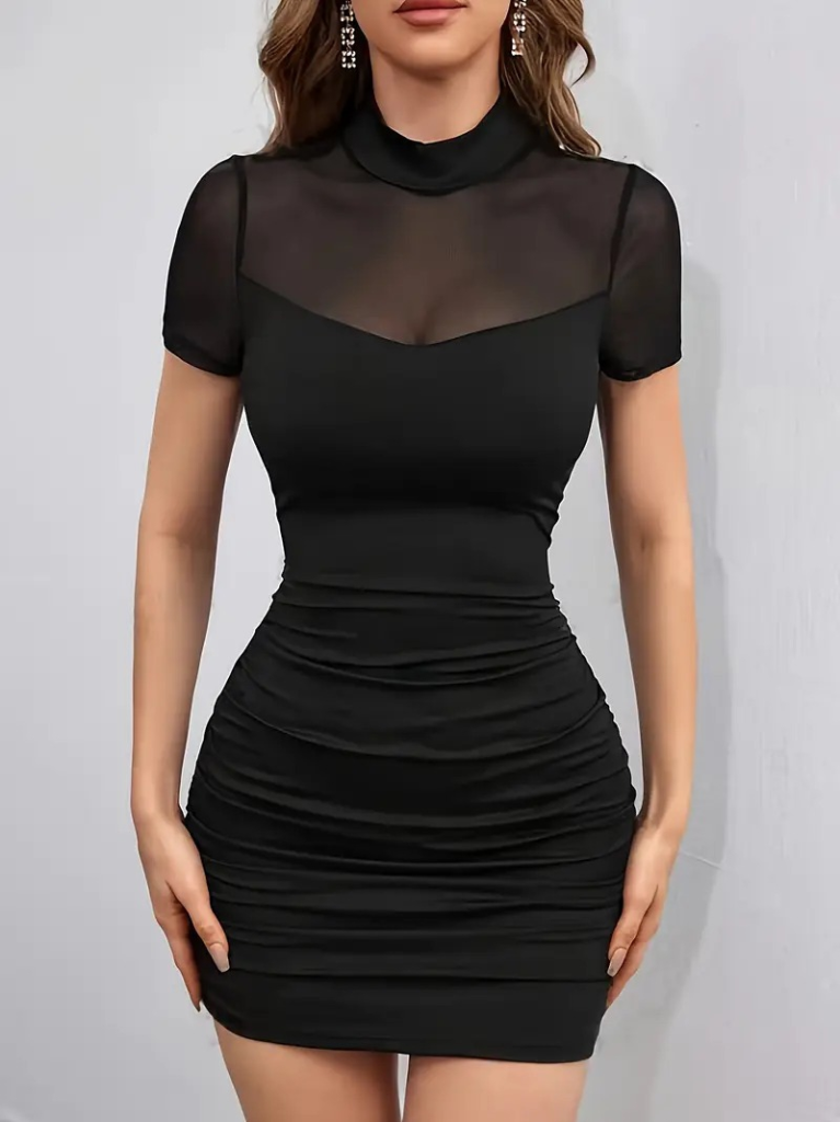 Kadın Kısa Kollu Yarı Balıkçı Yaka Tül Detaylı Kısa Janjan Krep Elbise - Görsel 5