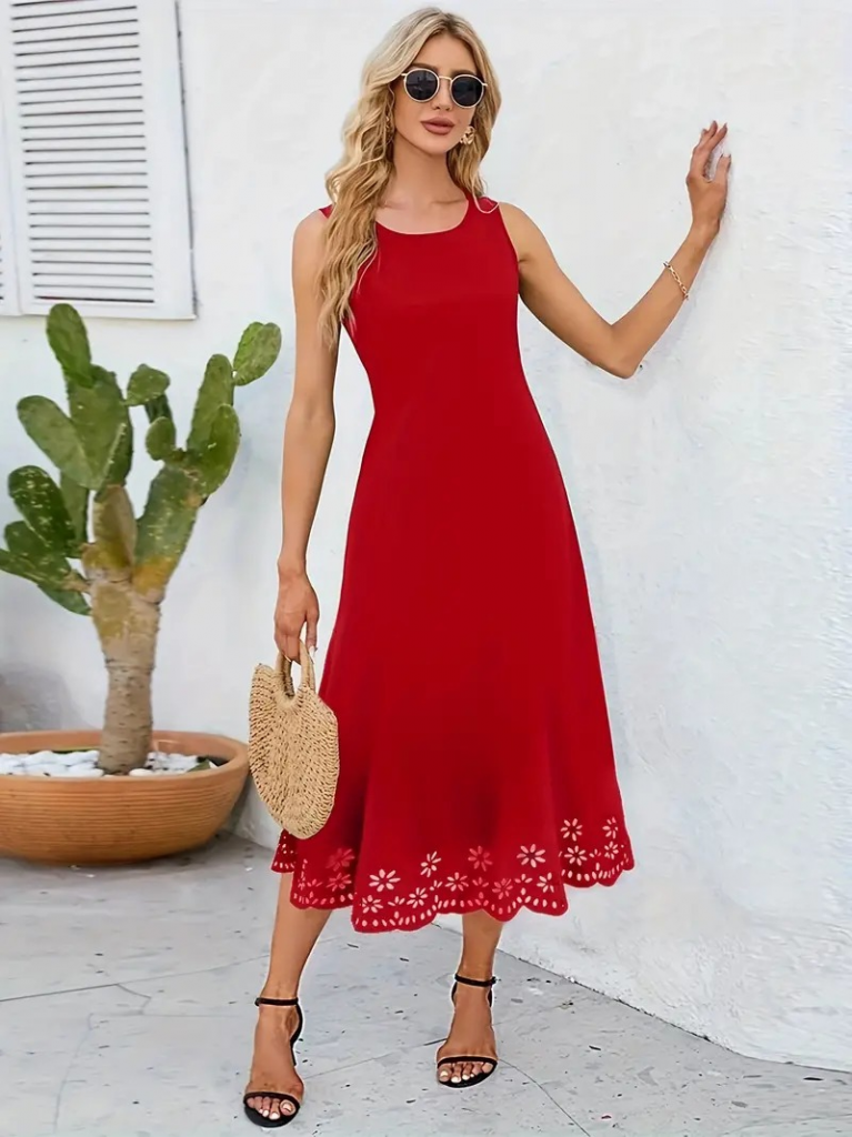 Kadın Kolsuz Etek Ucu Lazer Kesim çiçek Desenli Midi Boy Janjan Krep Elbise - Görsel 19