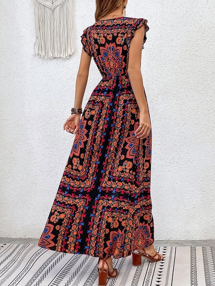 Kadın Kısa Kollu V Yakalı Deseni Yırtmaçlı Süprem Elbise - Görsel 3