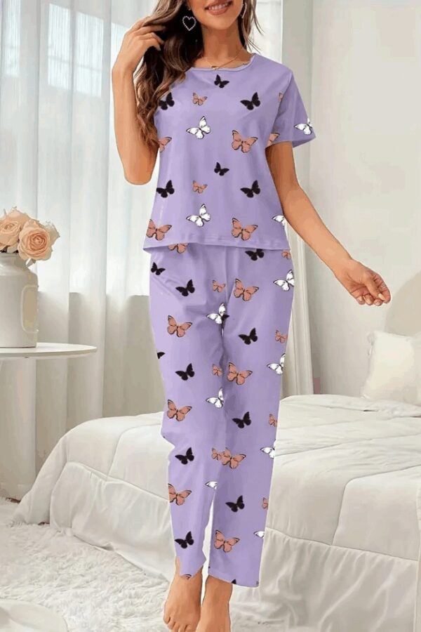 Kadın Kısa Kollu Bisiklet Yaka Kelebek Baskılı Süprem Ikili Takım