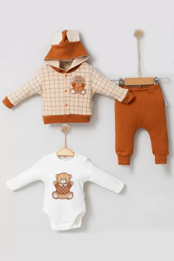 Bear Çizgili % 100 Pamuk Hırkalı 3'lü Bebek Takımı