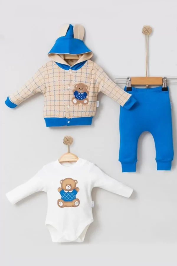 Bear Çizgili % 100 Pamuk Hırkalı 3'lü Bebek Takımı