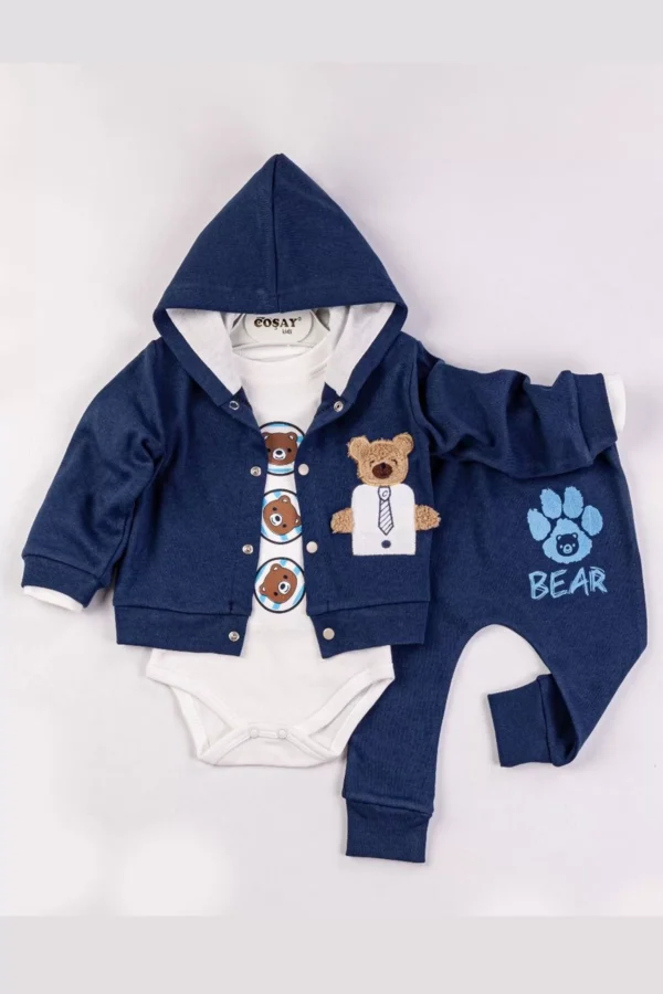 Bear Nakışlı Kapişonlu Erkek Bebek Takım