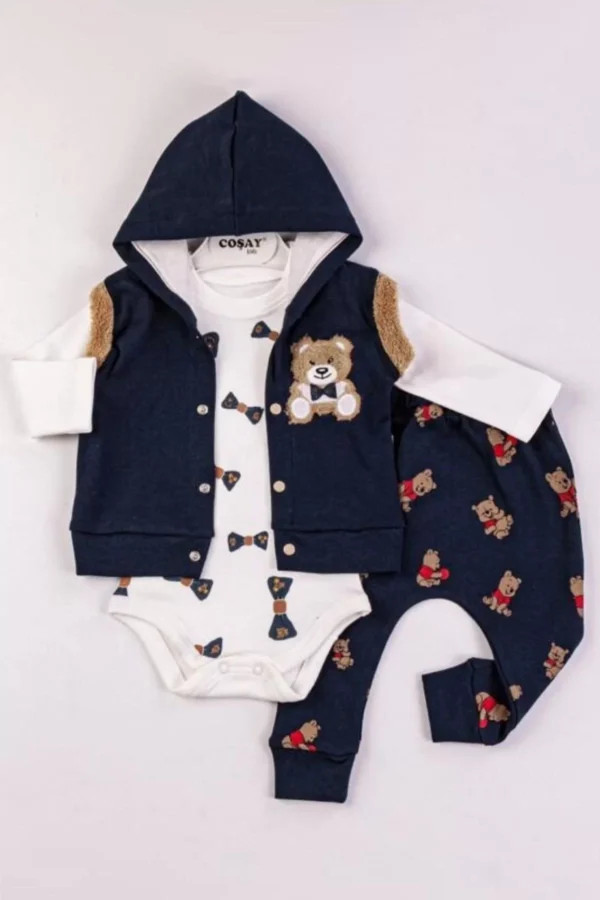 Bear Nakışlı Yelekli 3'lü Erkek Bebek Takımı