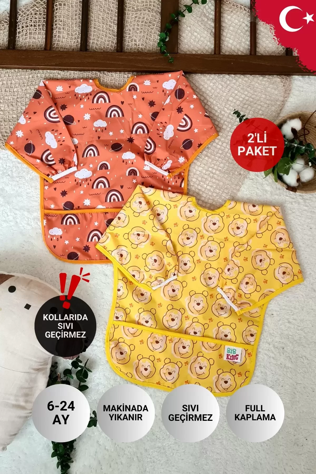 Bear Ve Rainbow Desenli 2'li Paket Sıvı Geçirmez Unisex Aktivite Ve Mama Önlüğü 6-24 Ay