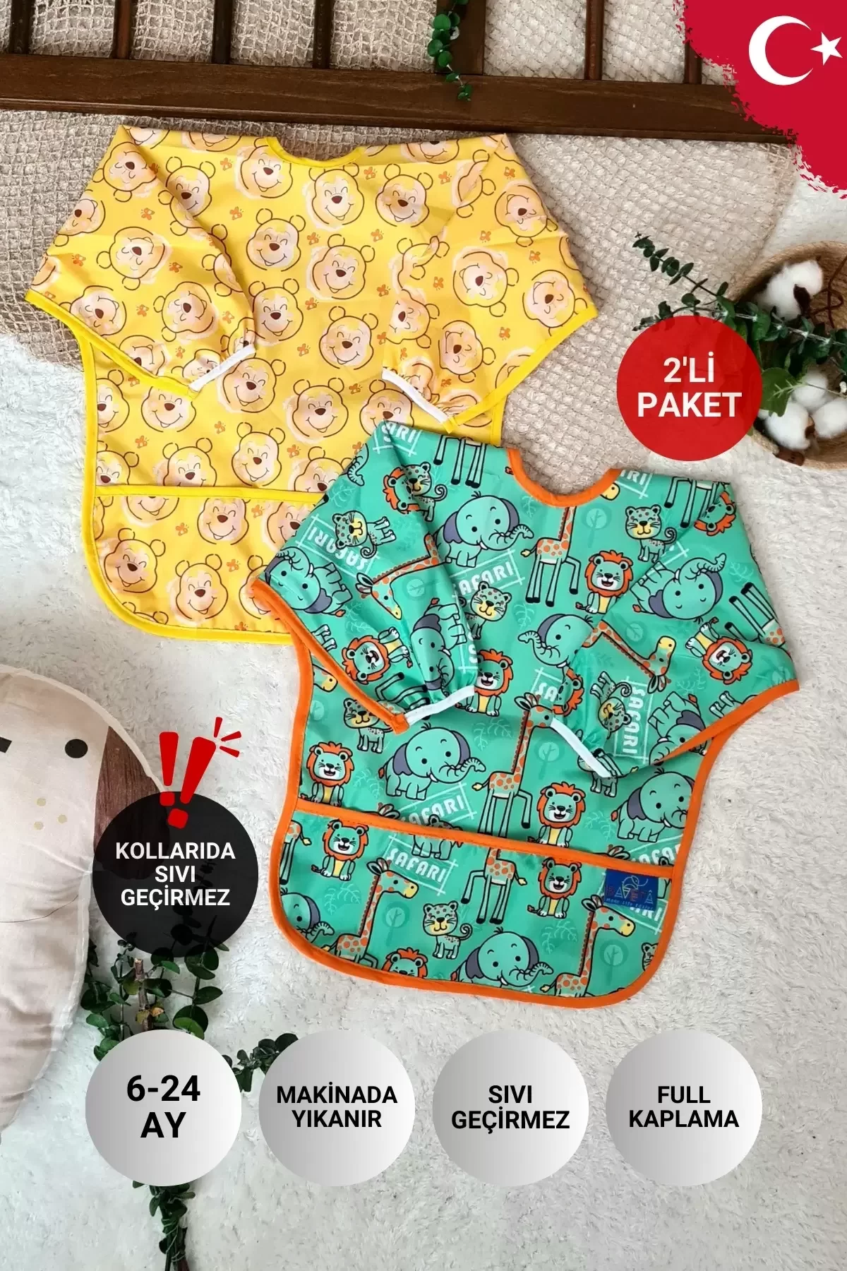 Bear Ve Safari Desenli 2'li Paket Sıvı Geçirmez Unisex Aktivite Ve Mama Önlüğü 6-24 Ay