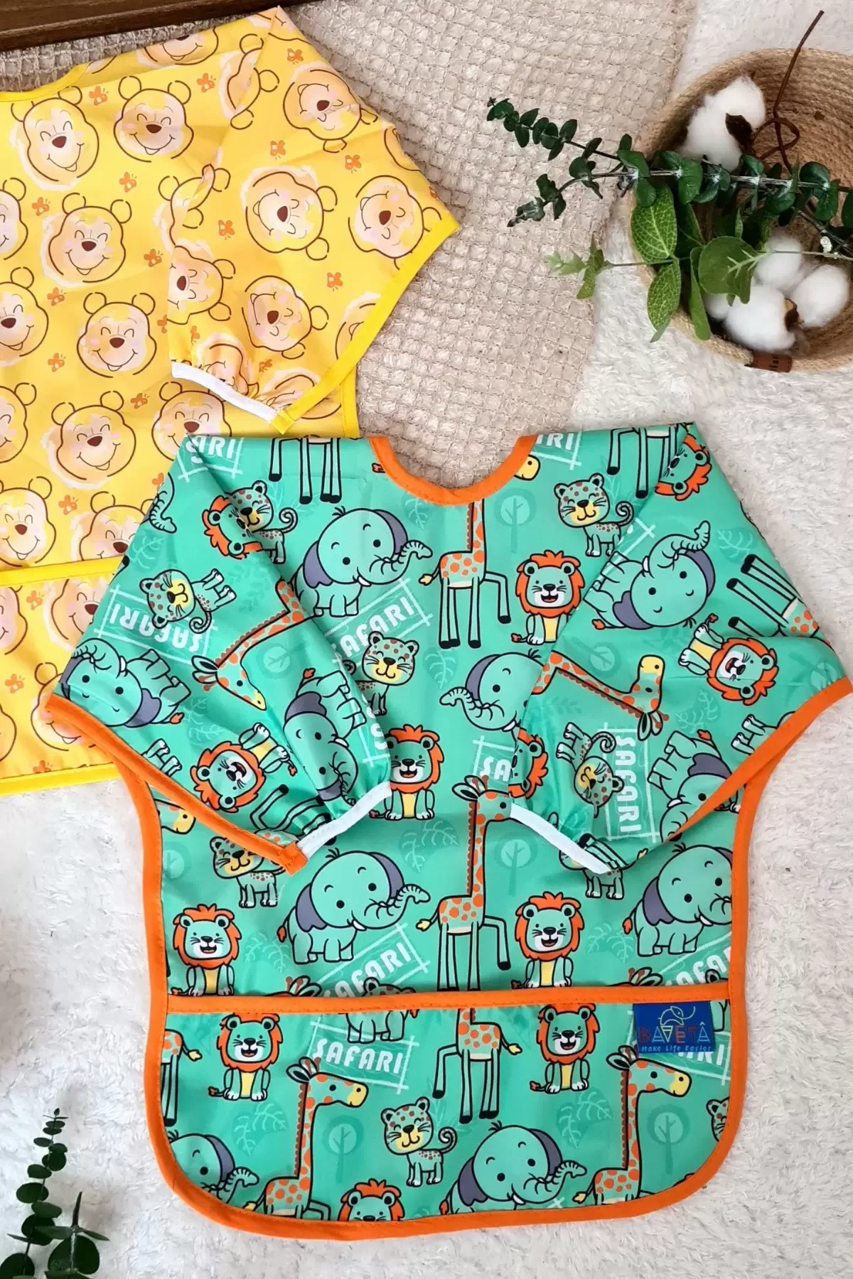 Bear Ve Safari Desenli 2'li Paket Sıvı Geçirmez Unisex Aktivite Ve Mama Önlüğü 6-24 Ay - Görsel 2