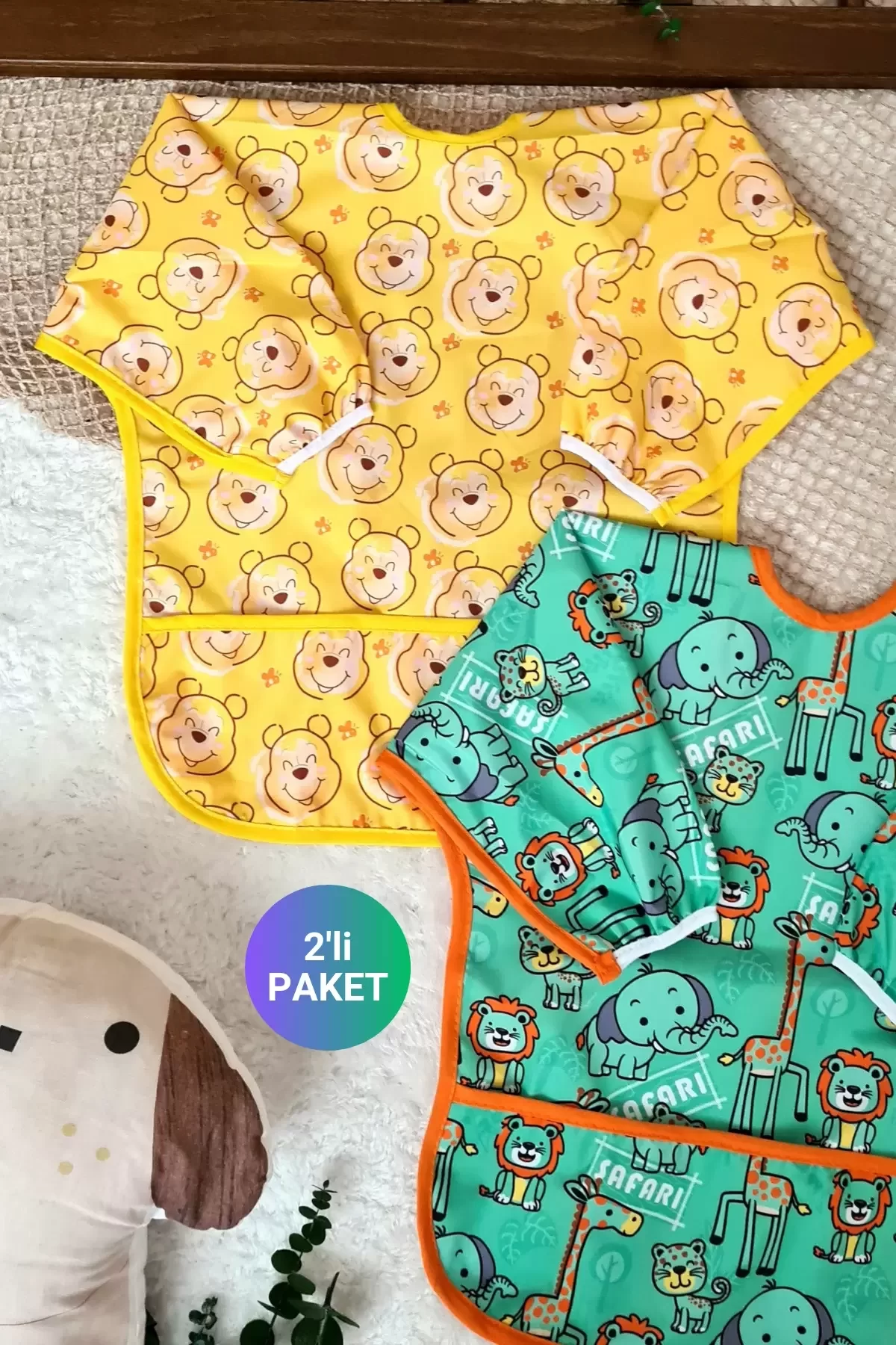Bear Ve Safari Desenli 2'li Paket Sıvı Geçirmez Unisex Aktivite Ve Mama Önlüğü 6-24 Ay - Görsel 3