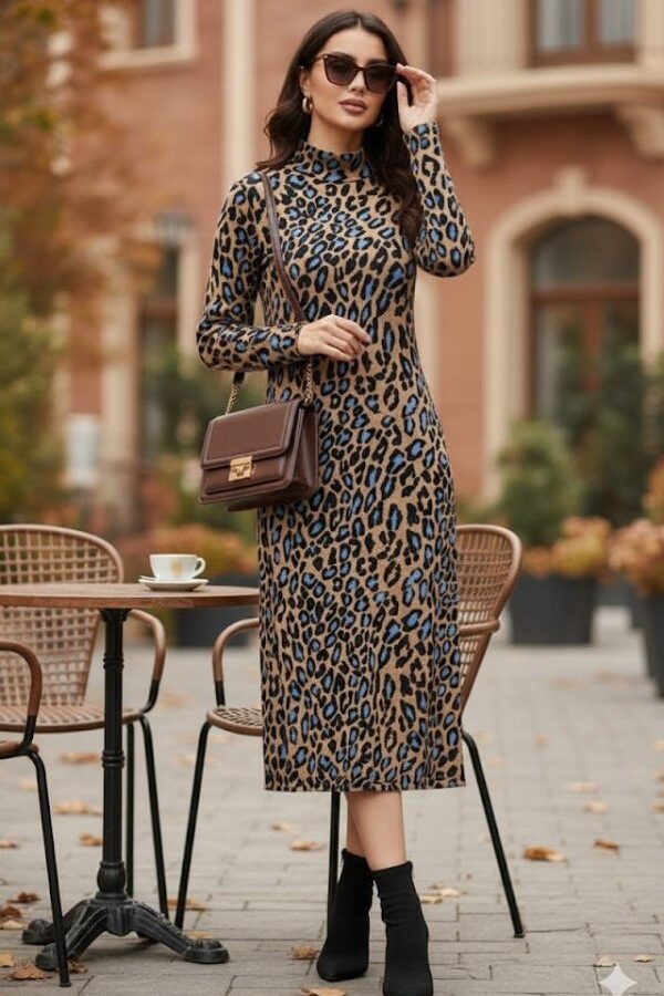 Kadın Uzun Kollu Balıkçı Yaka Leopar Desenli Midi Boy Elbise