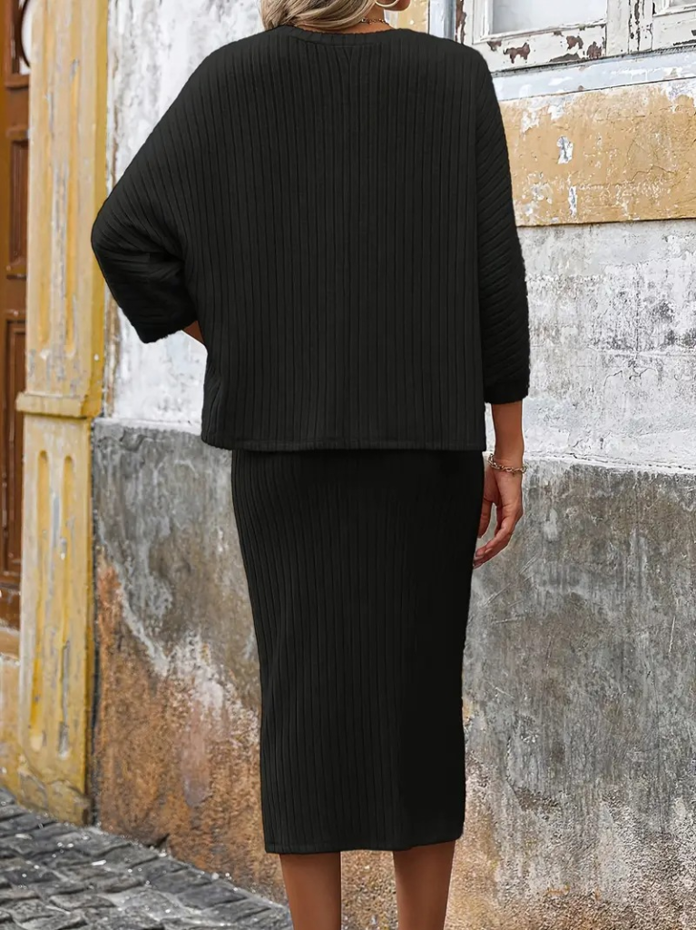 Kadın Uzun Kollu Yakası Açık Yarasa Kollu şardonlu Kaşkorse Bluz Ve Etek Takım - Görsel 5