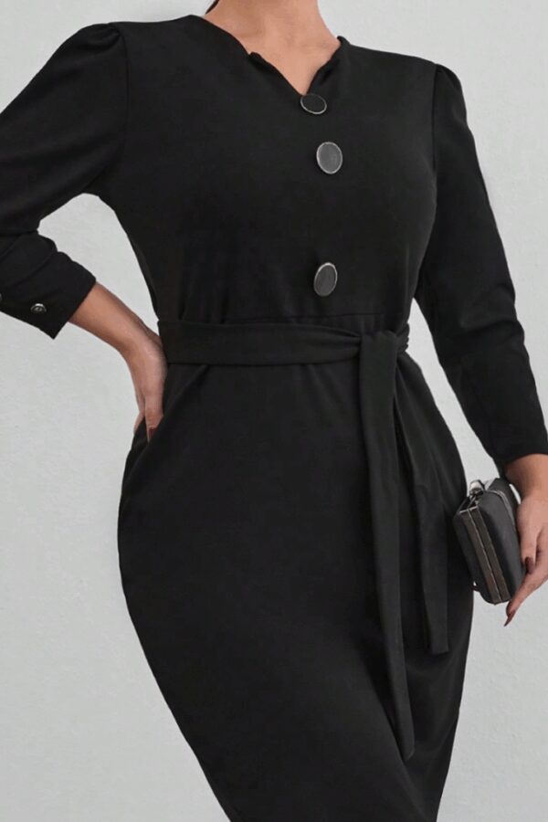 Kadın Uzun Kollu Düğme Detaylı Kendinden Kemerli Ithal Krep Elbise