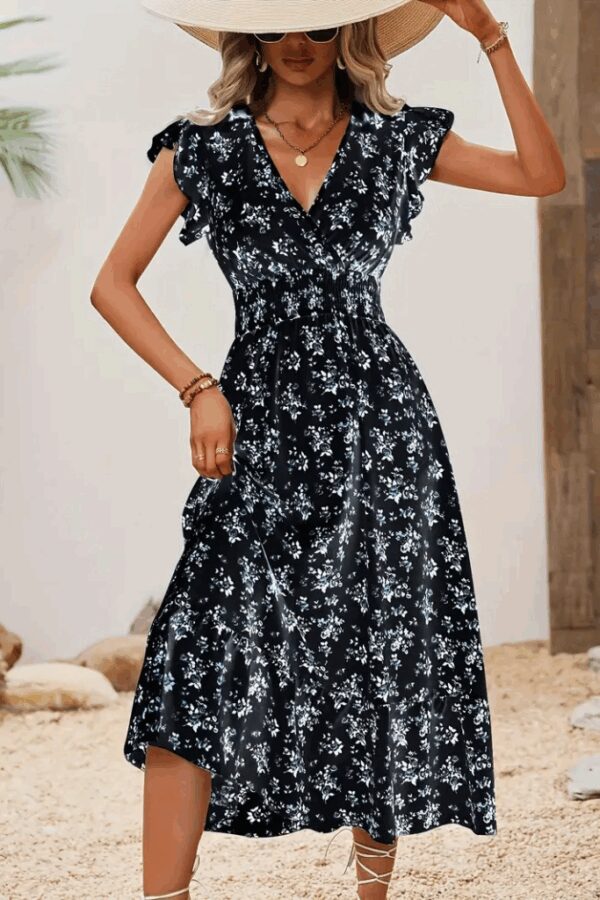 Kadın Kısa Kollu Kruvaze Yakalı Beli Lastikli çiçek Desenli Elbise