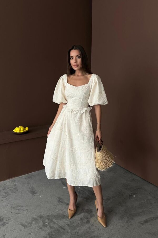 Bej Balon Kollu Dantelli Brode Elbise