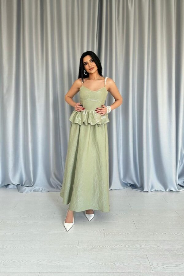 Yeşil Beli Büzgülü İnci Askılı Uzun Elbise