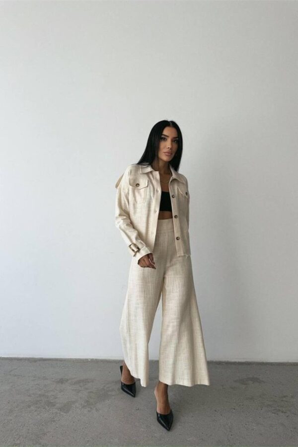 KETEN PÜSKÜL DETAYLI GÖMLEK-PANTOLON TAKIM - Ham