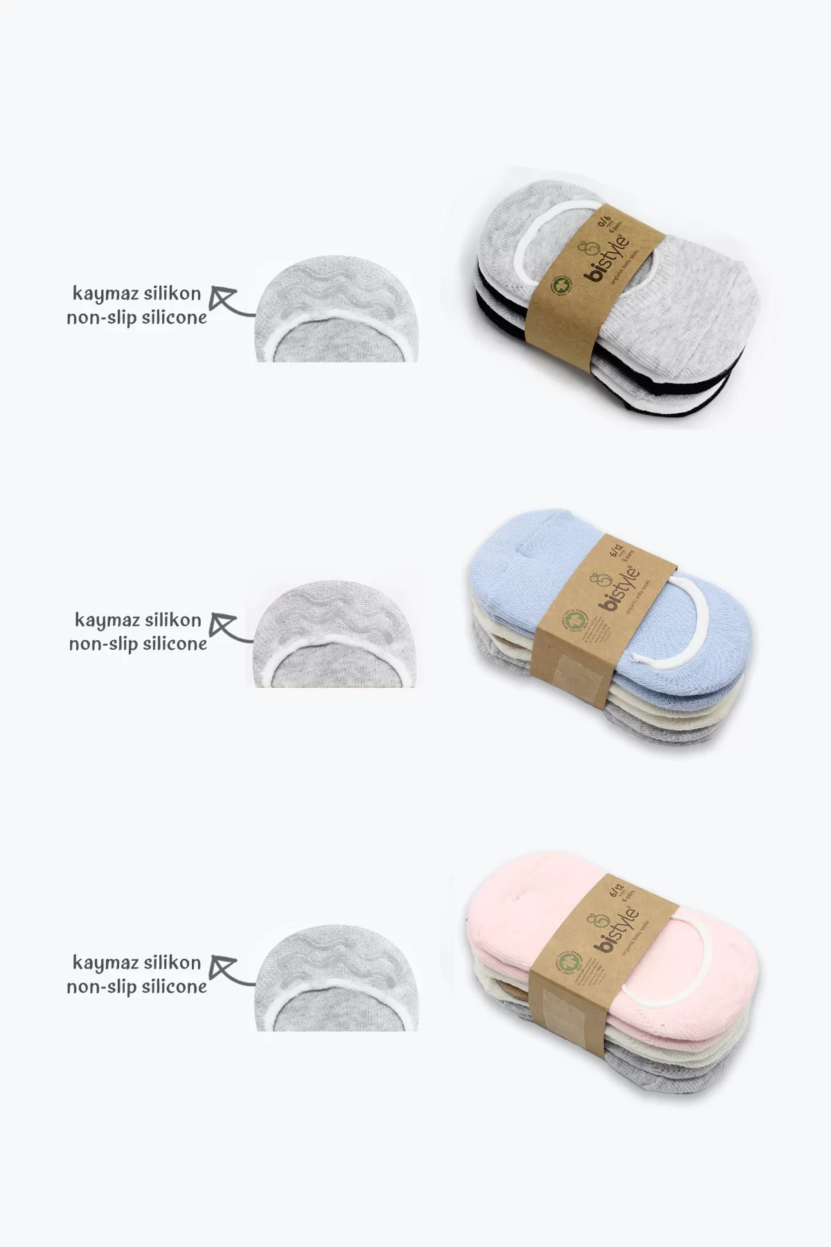 6'lı Silikonlu Babet Penye Çorap Bs30101b Mavi Ekru Gri - Görsel 3