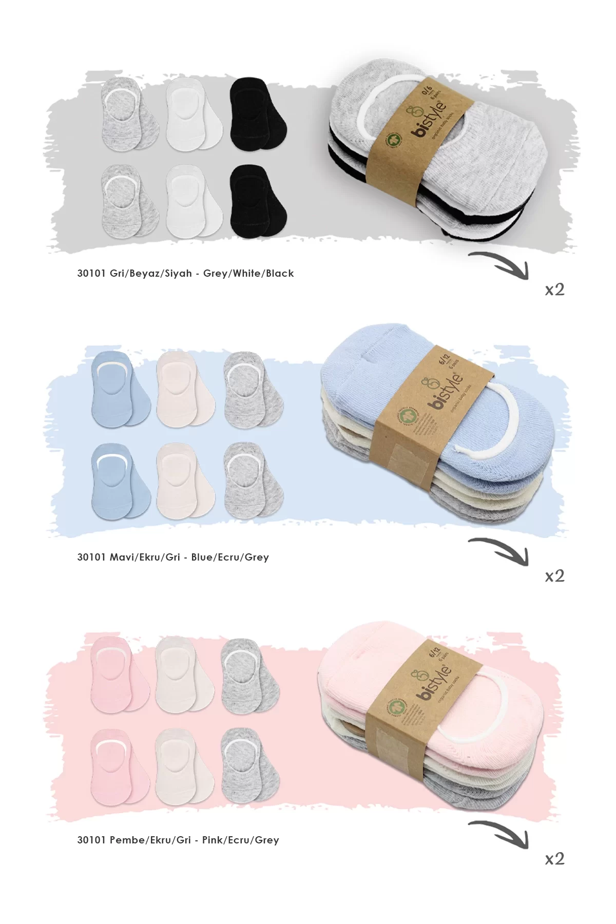 6'lı Silikonlu Babet Penye Çorap Bs30101b Pembe Ekru Gri - Görsel 2