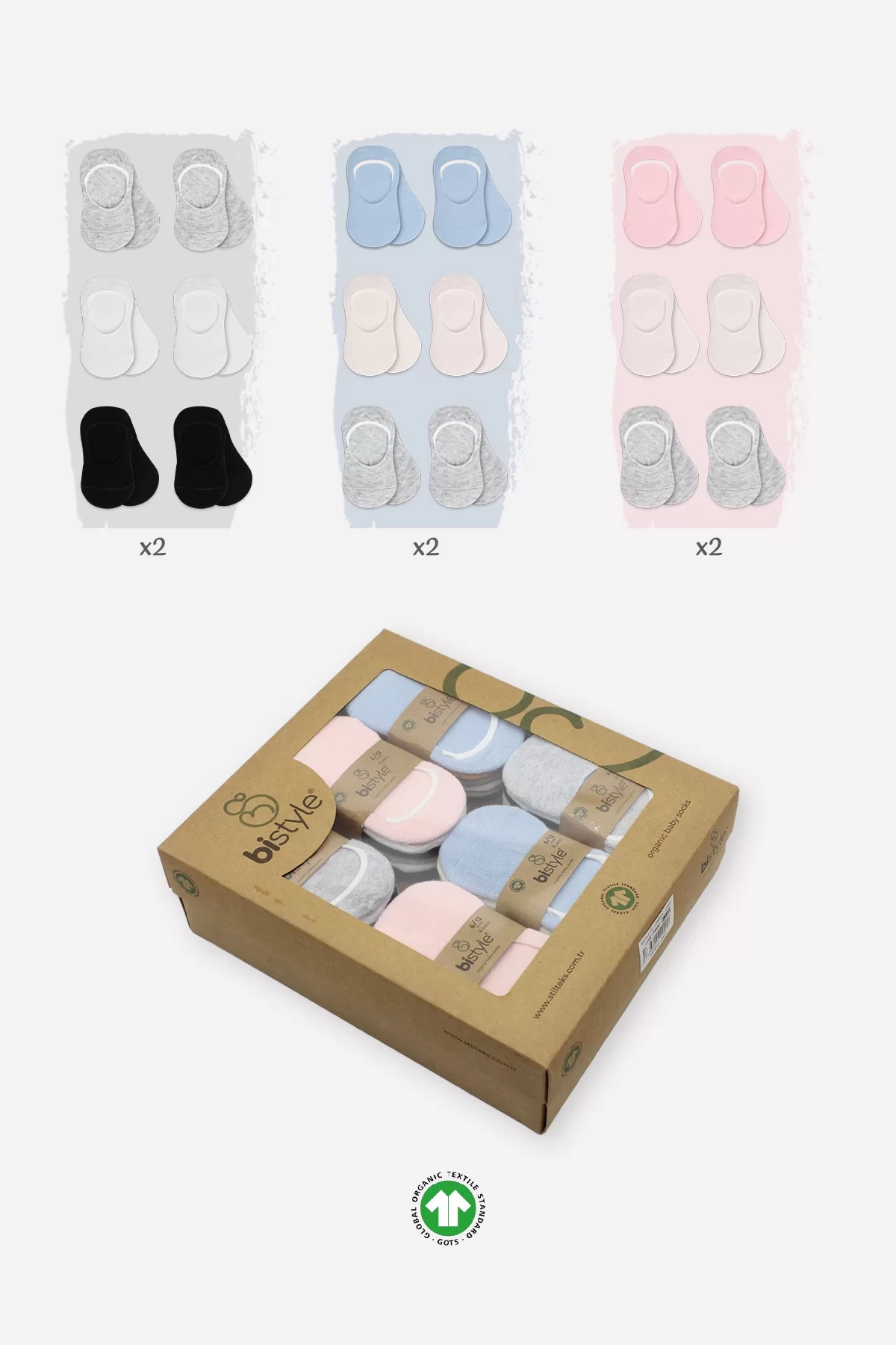 6'lı Silikonlu Babet Penye Çorap Bs30101b Pembe Ekru Gri - Görsel 4