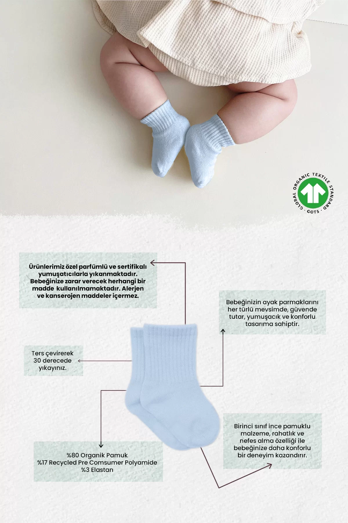 6lı Penye Düz Soket Çorap Mavi Ekru - Görsel 2