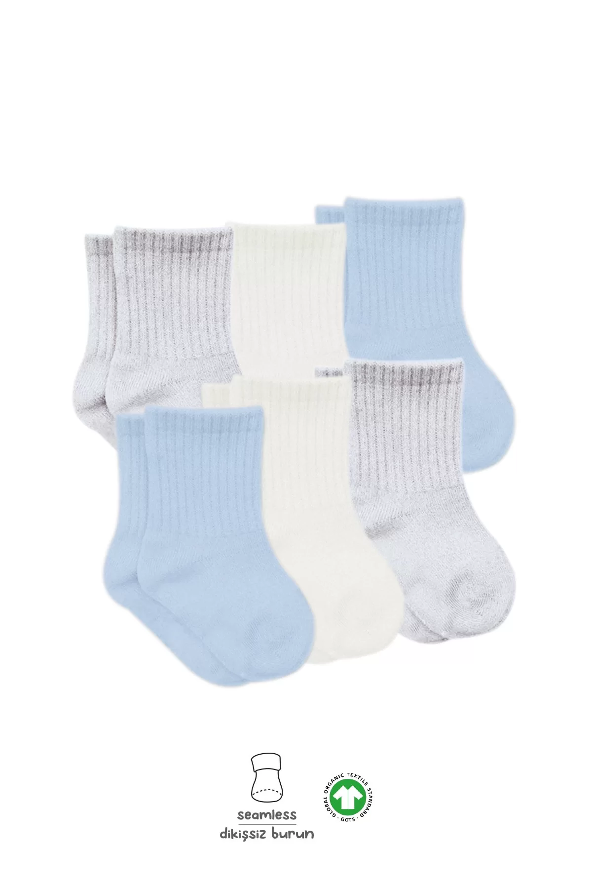 6lı Penye Düz Soket Çorap Mavi Ekru - Görsel 9