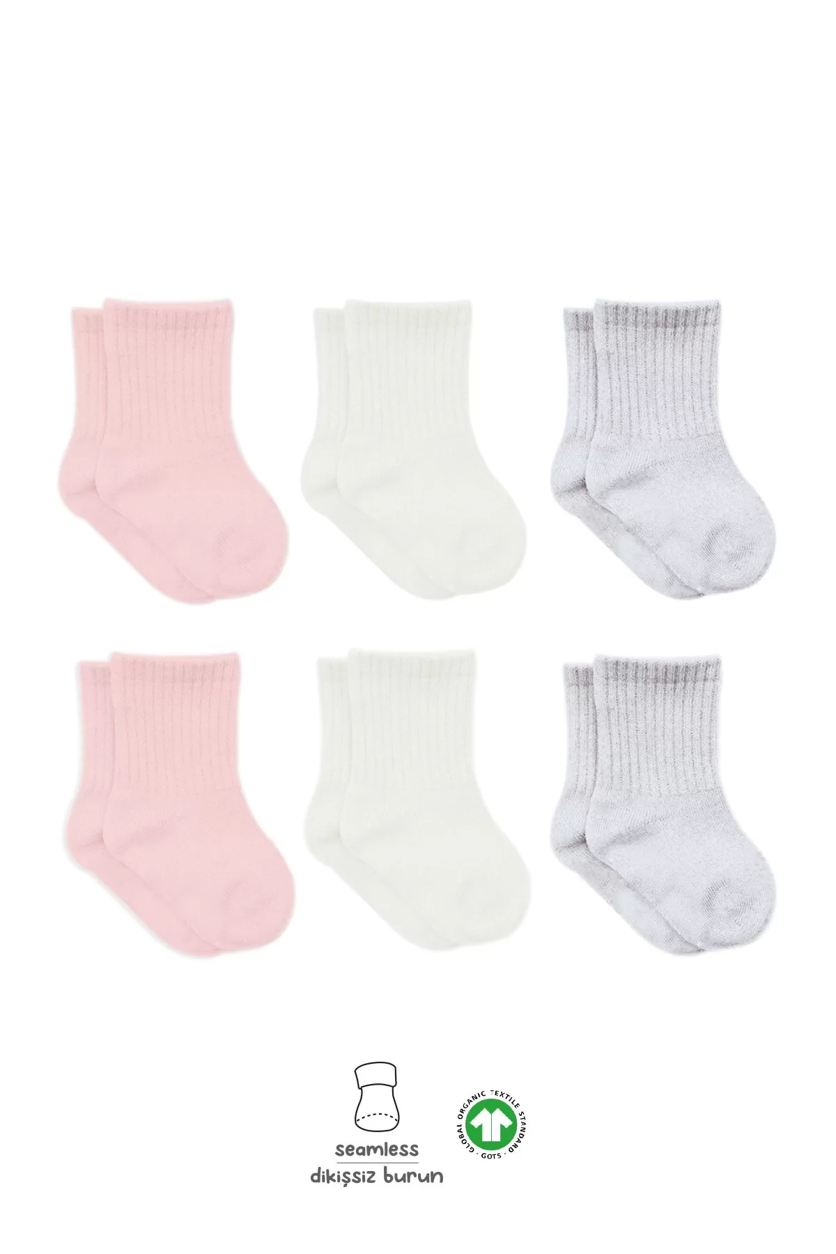 6lı Penye Düz Soket Çorap Pembe Ekru