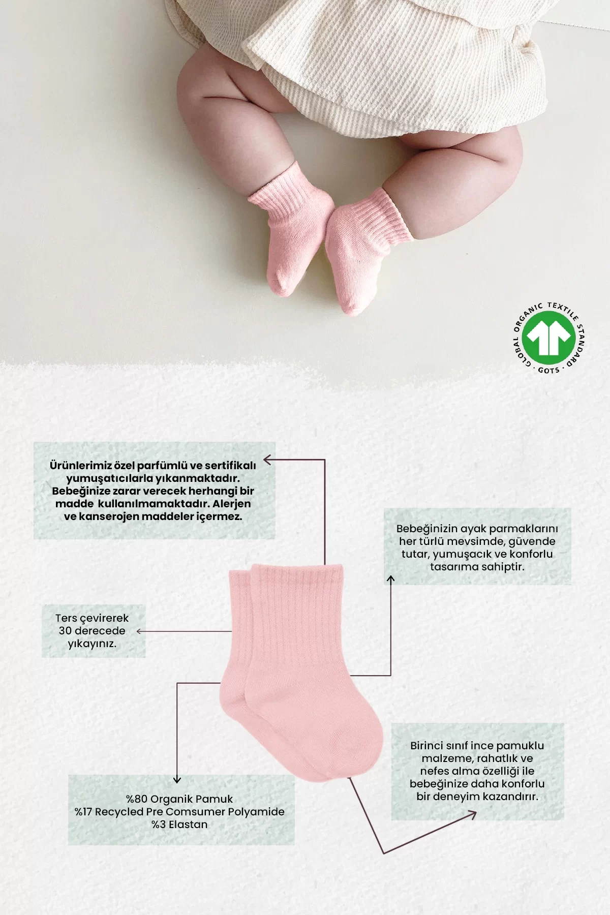 6lı Penye Düz Soket Çorap Pembe Ekru - Görsel 2