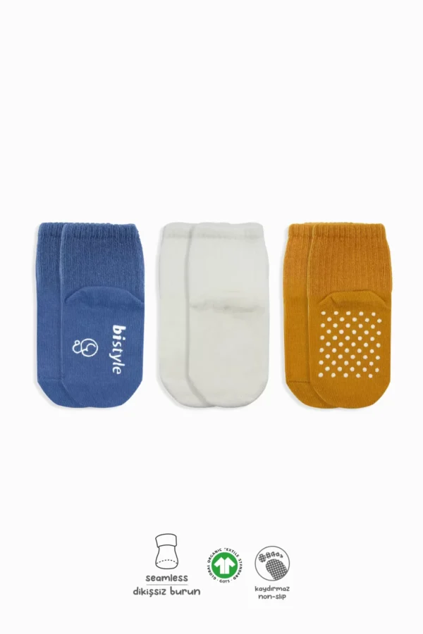 Basic Kaymaz Penye Soket Çorap 3'lü Bs10107 İndigo Ekru Hardal