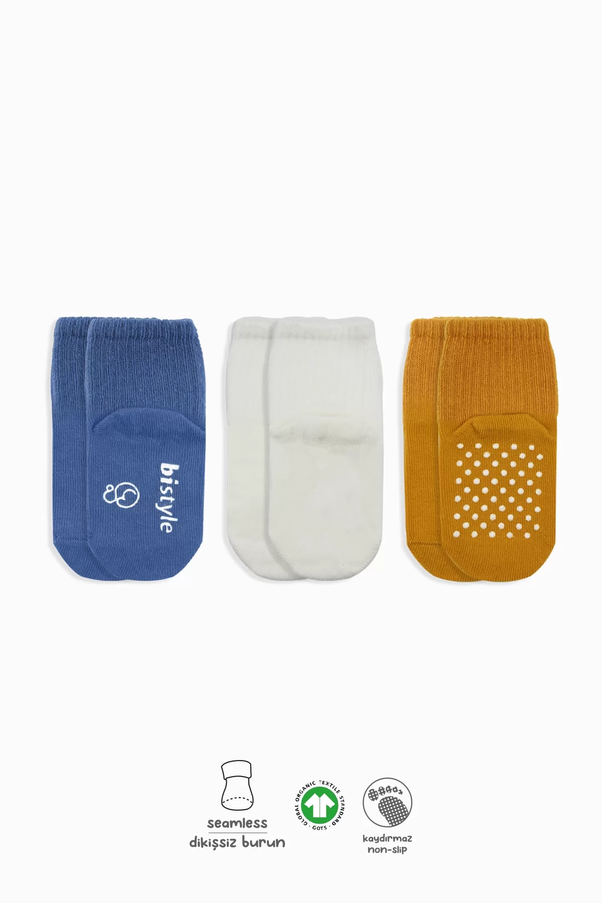 Basic Kaymaz Penye Soket Çorap 3'lü Bs10107 İndigo Ekru Hardal