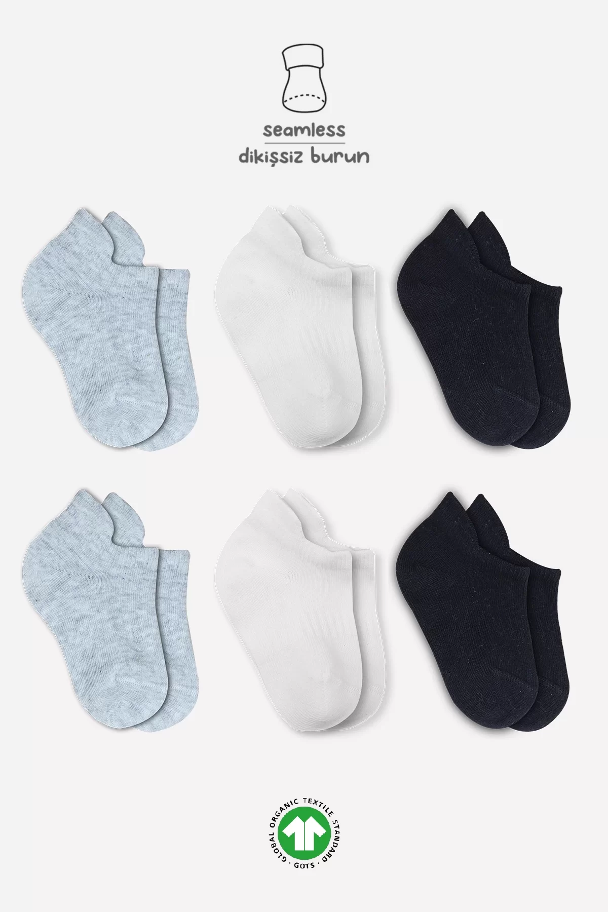 Penye Sneakers Çorap 6'lı Ekru Gri Siyah