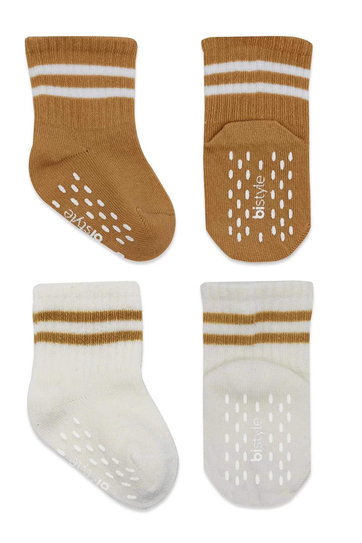 Çemberli Kaymaz Soket Çorap 2'li Ekru Hardal - Görsel 2