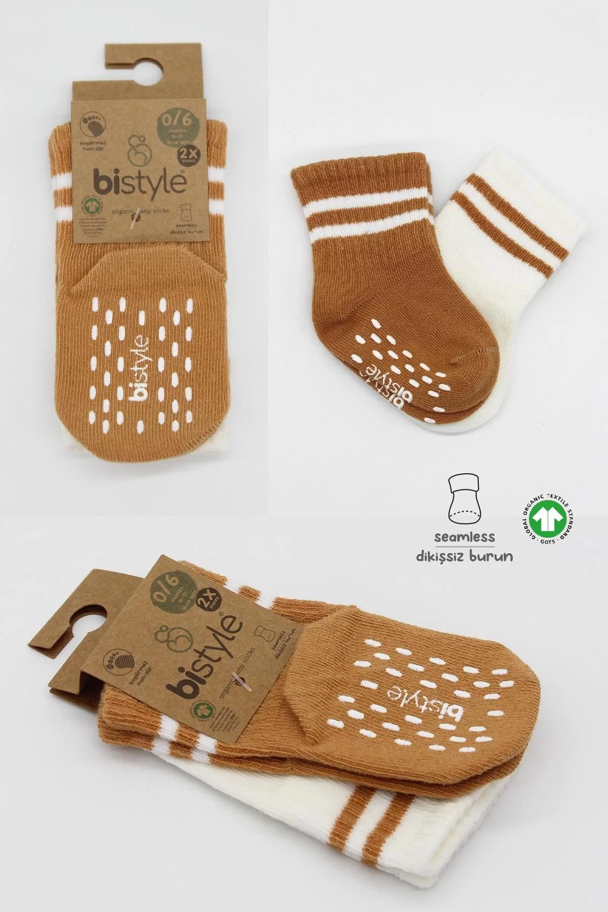 Çemberli Kaymaz Soket Çorap 2'li Ekru Hardal - Görsel 11