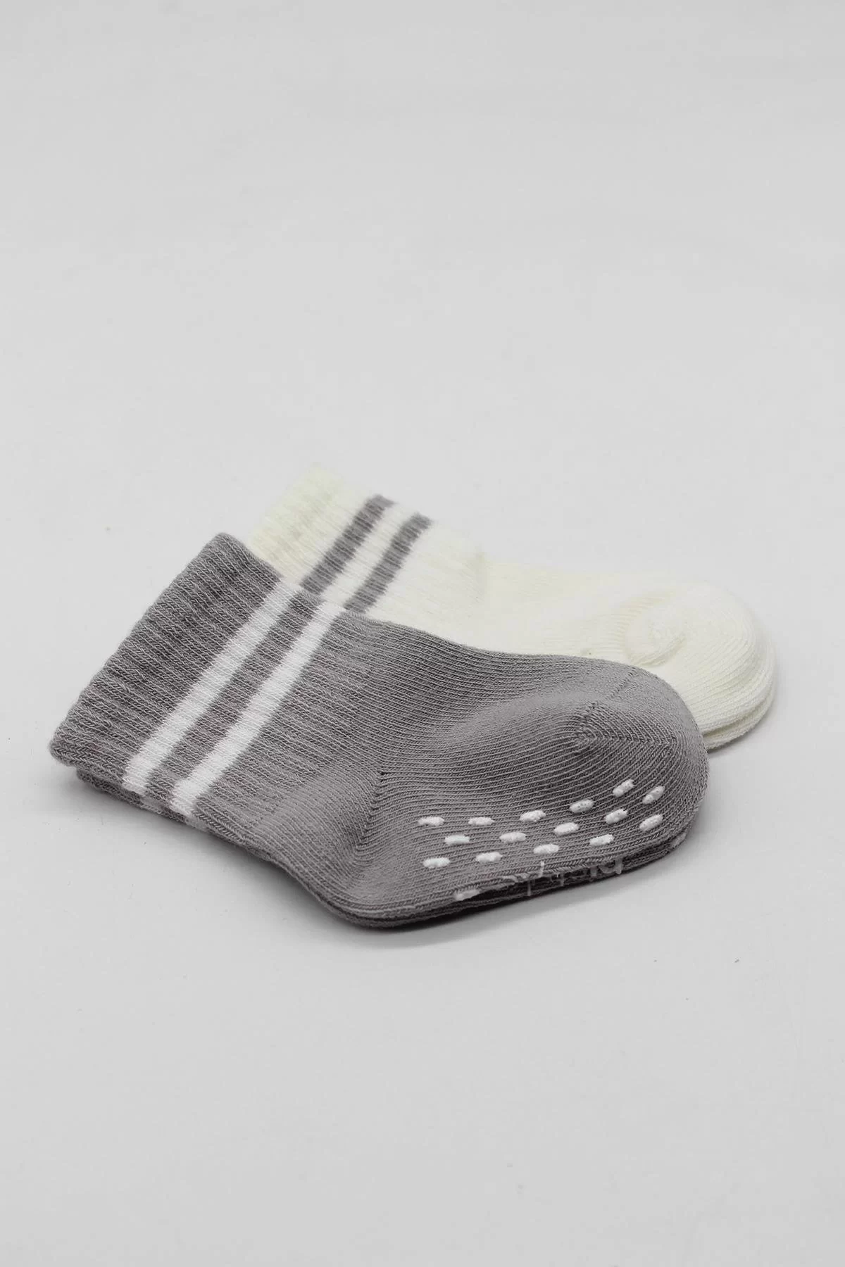 Çemberli Kaymaz Soket Çorap 2'li Gri Ekru - Görsel 3