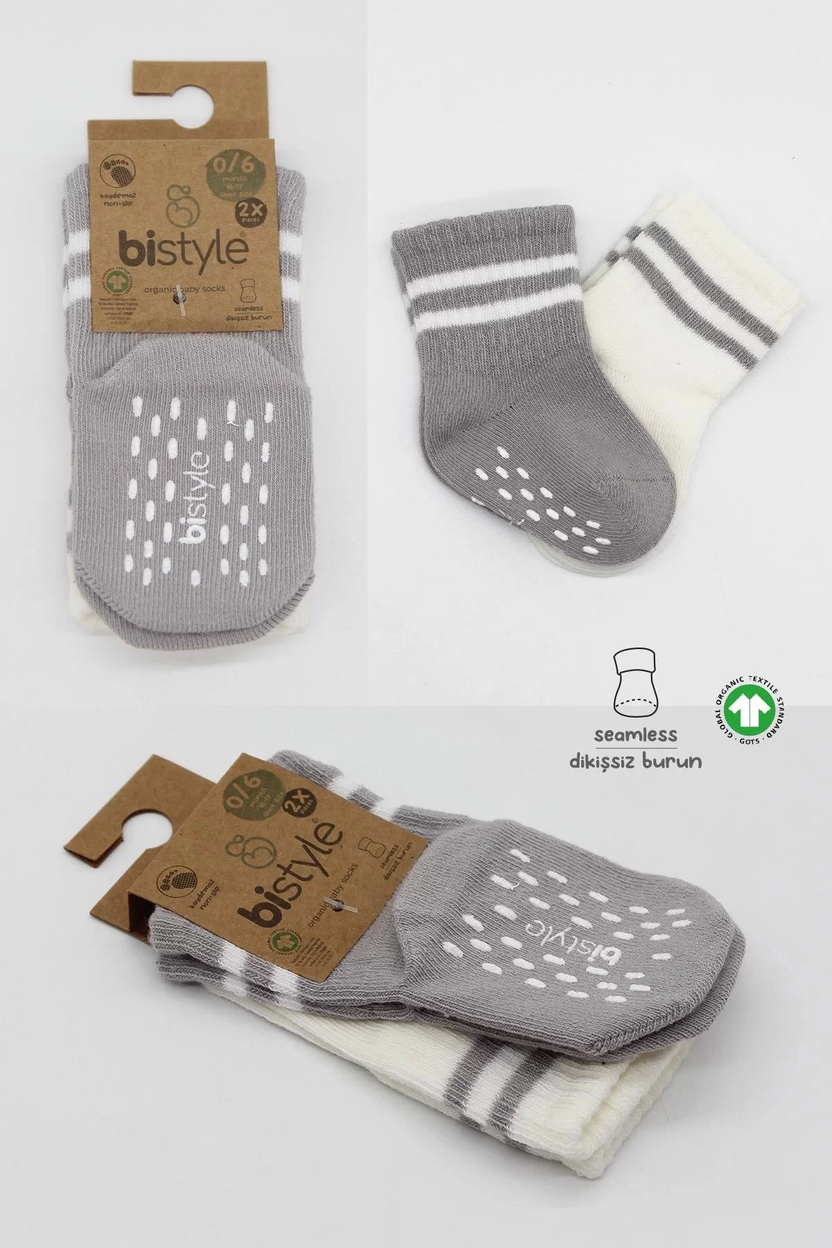 Çemberli Kaymaz Soket Çorap 2'li Gri Ekru - Görsel 11