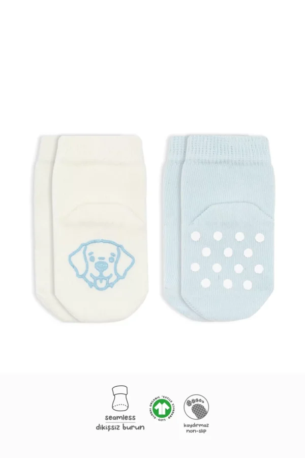 Hayvan Figürlü Kaymaz Soket Çorap 2'li  Mavi Ekru