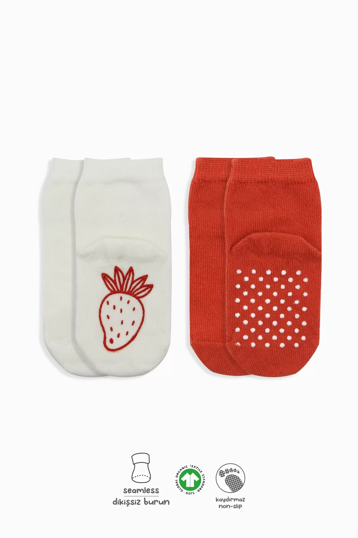 Meyve Figürlü Kaymaz Soket Çorap 2'li Kırmızı Ekru