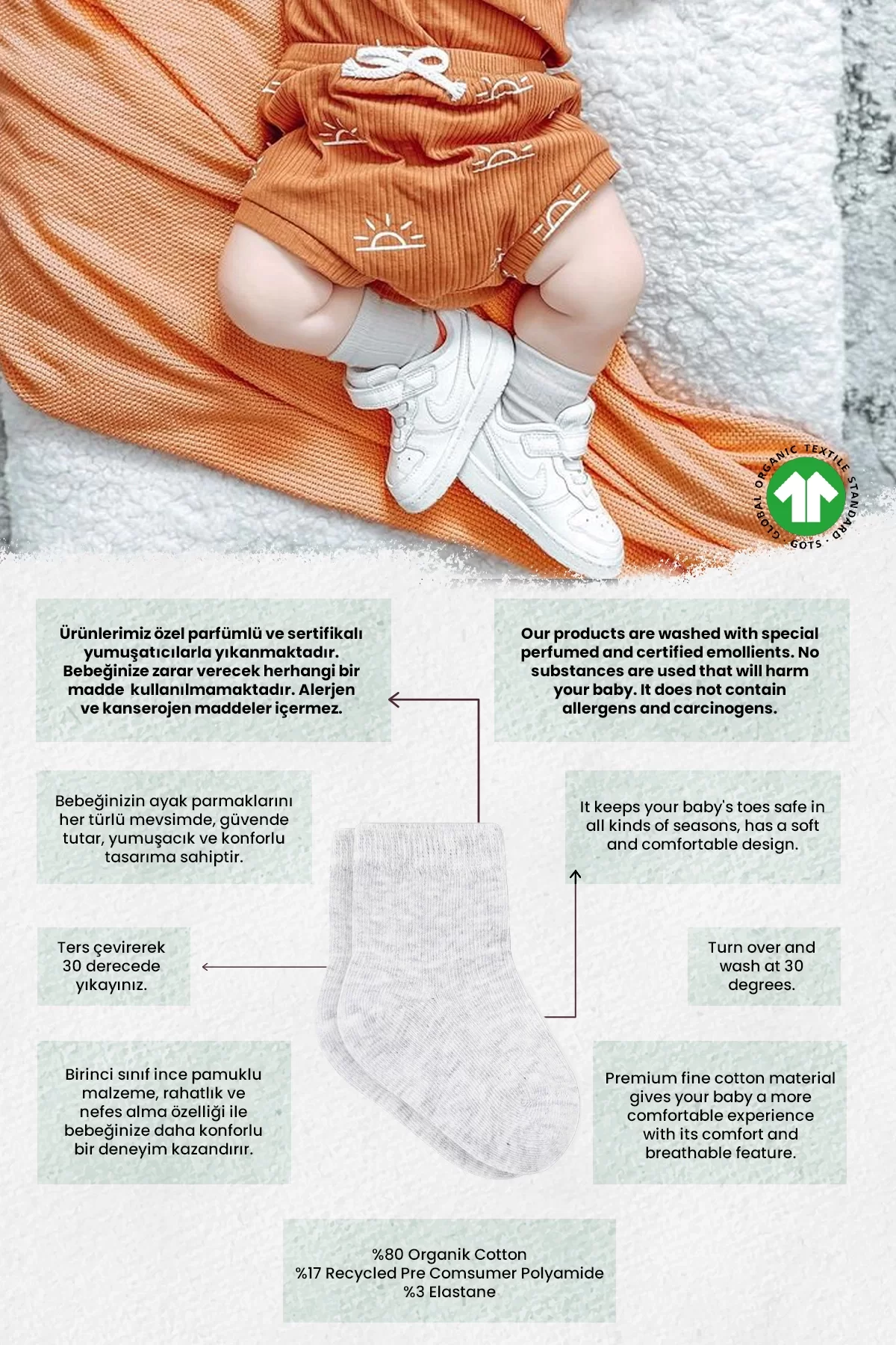 Organik 2li Puan Derby Penye Soket Çorap Gri Ekru - Görsel 2