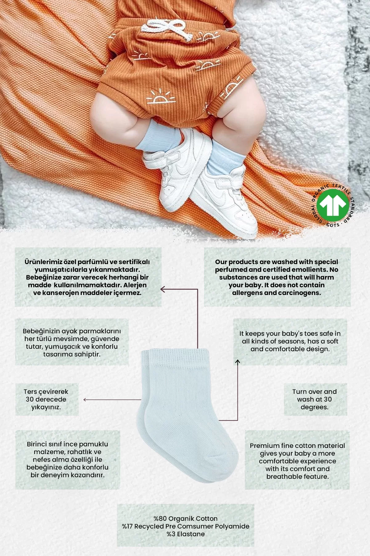 Organik 2li Puan Derby Penye Soket Çorap Mavi Ekru - Görsel 7