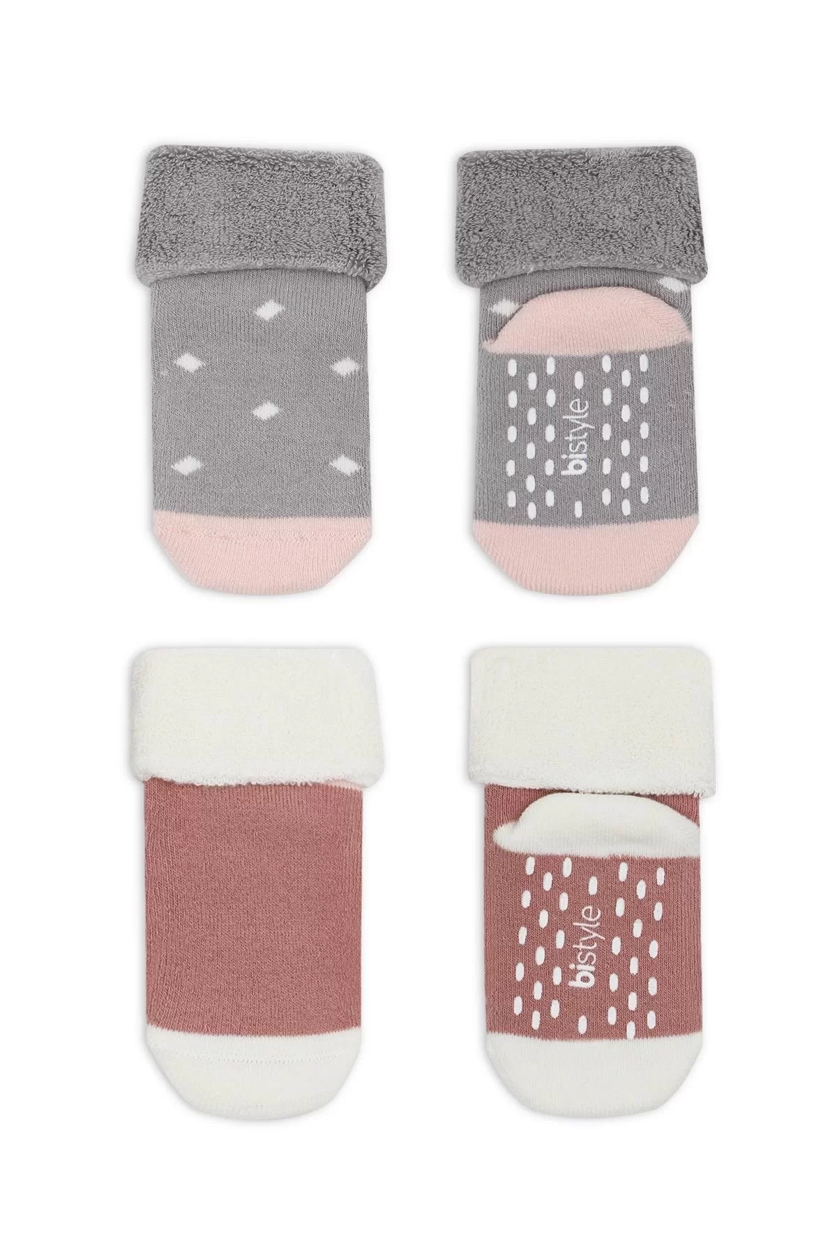 Puanlı Kaymaz Havlu Soket Çorap 2'li Gri Pudra - Görsel 8